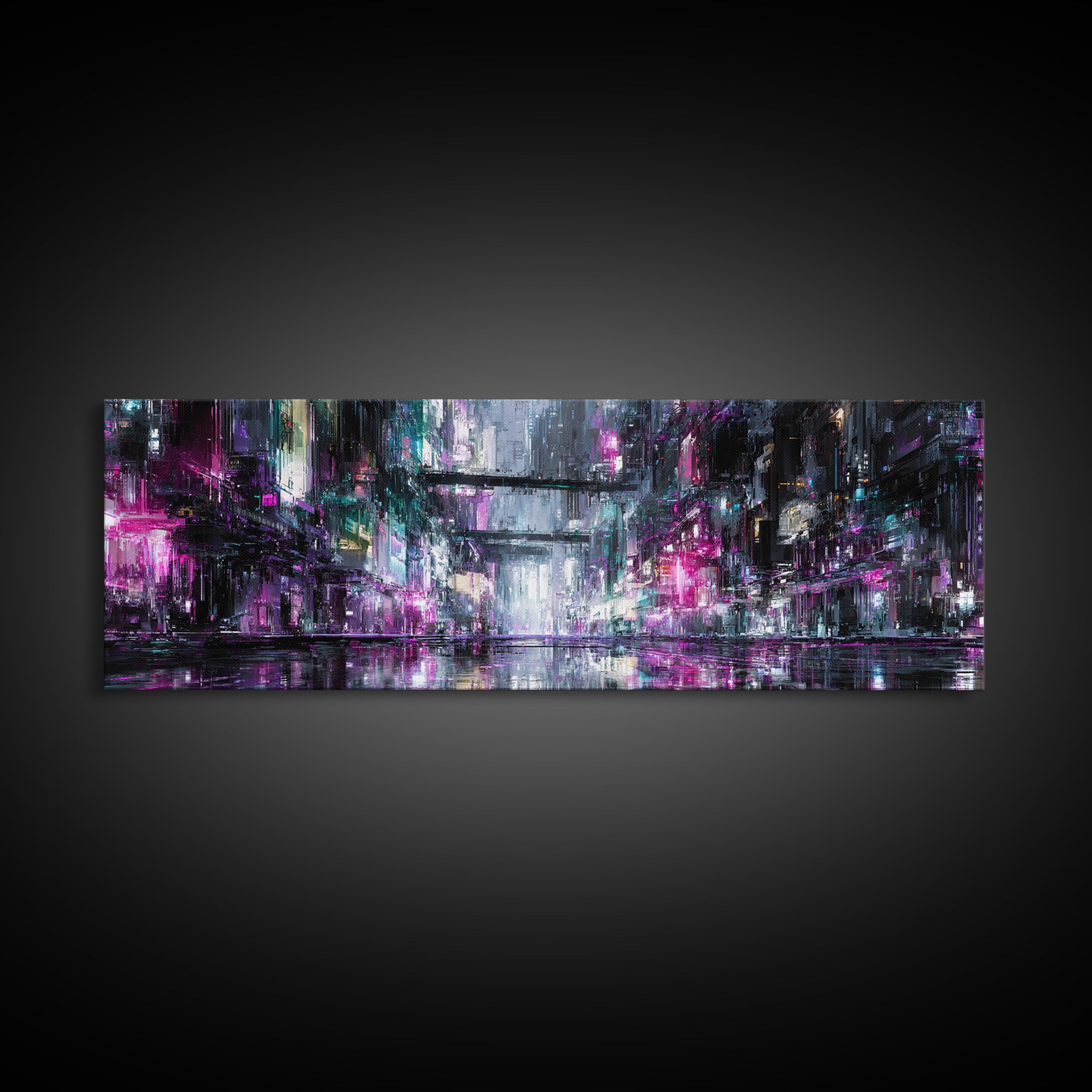 Rain Soaked Alley Canvas Print, Cyberpunk Art, Textured Painting, Living Room Decor, Abstract Art, Neon, Digital Wall Art, CYB-3x1-96