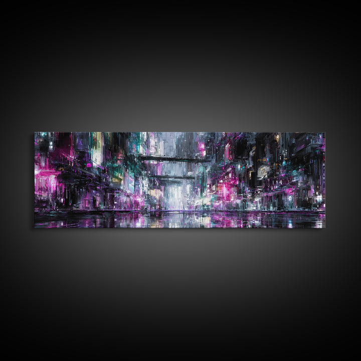 Rain Soaked Alley Canvas Print, Cyberpunk Art, Textured Painting, Living Room Decor, Abstract Art, Neon, Digital Wall Art, CYB-3x1-96
