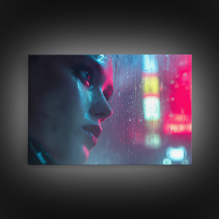 Ai Mask Portrait Framed Canvas Print, Cyberpunk Art, Wall Art, Living Room Decor, Oil Painting, Neon, Abstract Art, CYB-3x2-100