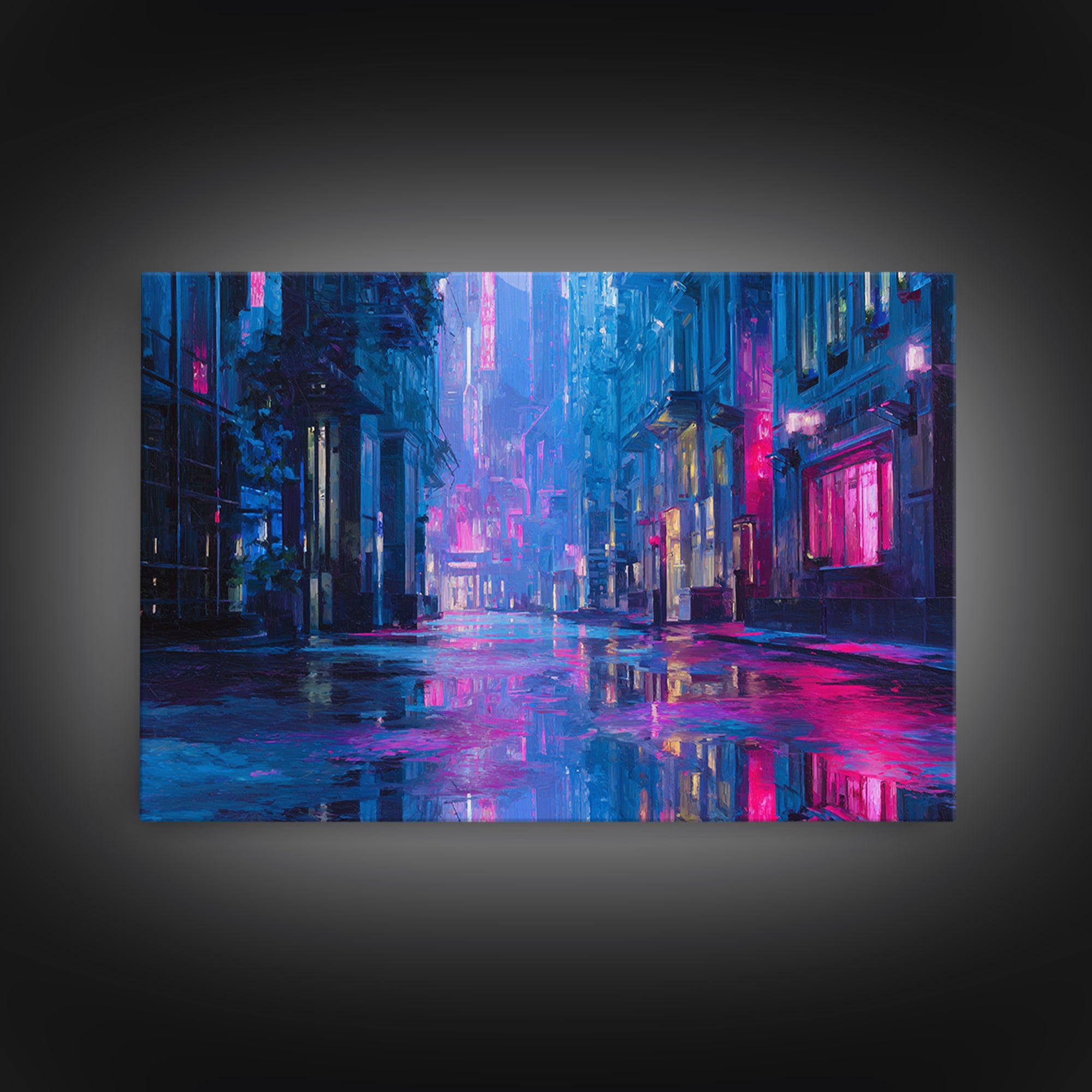 Rain Soaked Alley Canvas Print, Cyberpunk Art, Digital Art Print, Living Room Decor, Fine Art, Neon, Statement Artwork, CYB-3x2-12