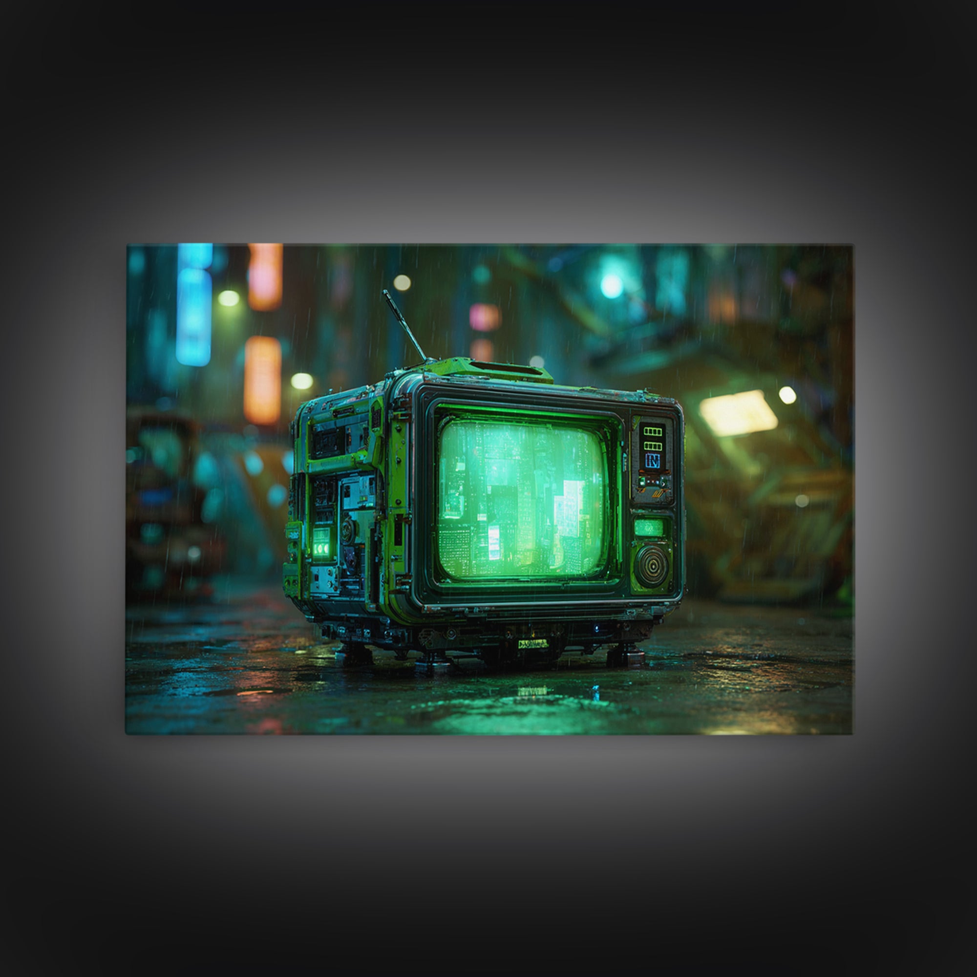 Retro Arcade Dystopia Framed Canvas Print, Cyberpunk Art, Abstract Art, Living Room Decor, Fine Art, Neon, Urban Wall Art, CYB-3x2-14