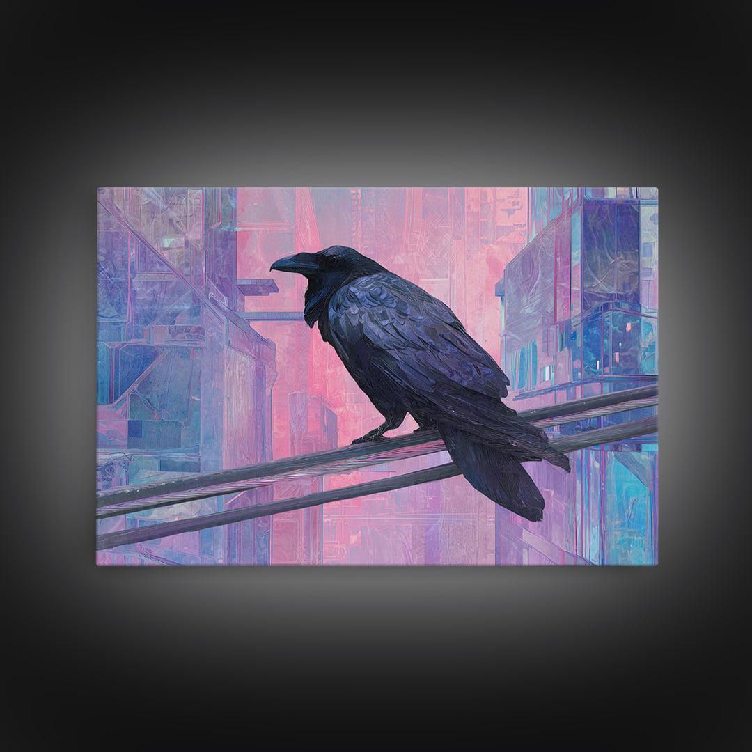 Cybernetic Raven Perched on a Cable Framed Canvas Print, Cyberpunk Art, Digital Download Art, Living Room Decor, Fine Art, Neon, CYB-3x2-15