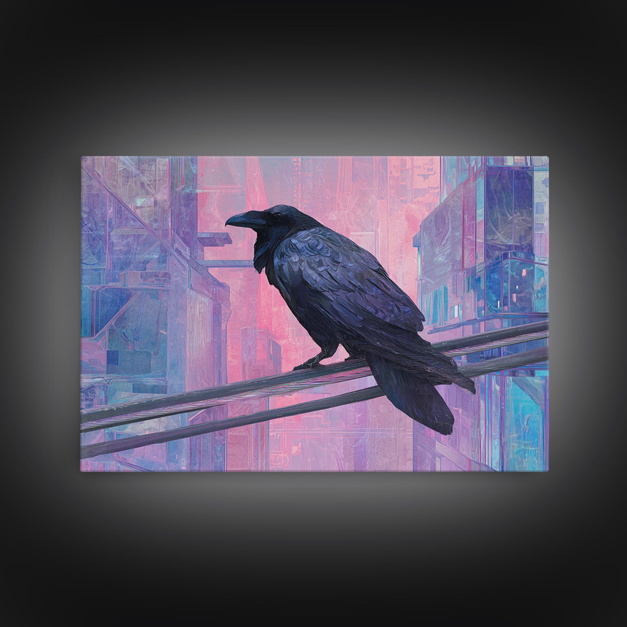 Cybernetic Raven Perched on a Cable Framed Canvas Print, Cyberpunk Art, Digital Download Art, Living Room Decor, Fine Art, Neon, CYB-3x2-15