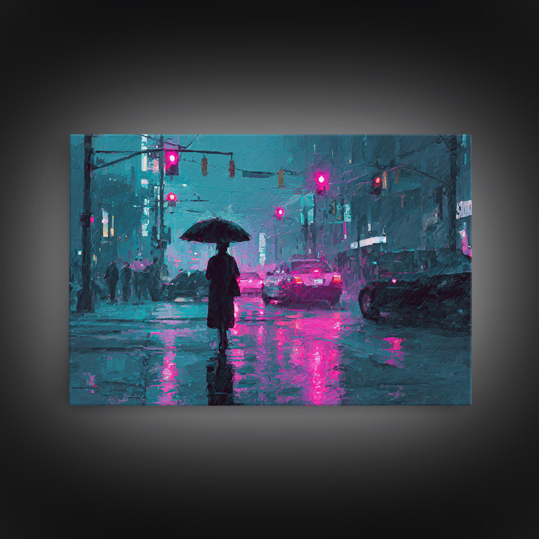 Glowing Umbrella Figure Framed Canvas Print, Cyberpunk Art, Statement Artwork, Living Room Decor, Fine Art, Neon, Art Print, CYB-3x2-19