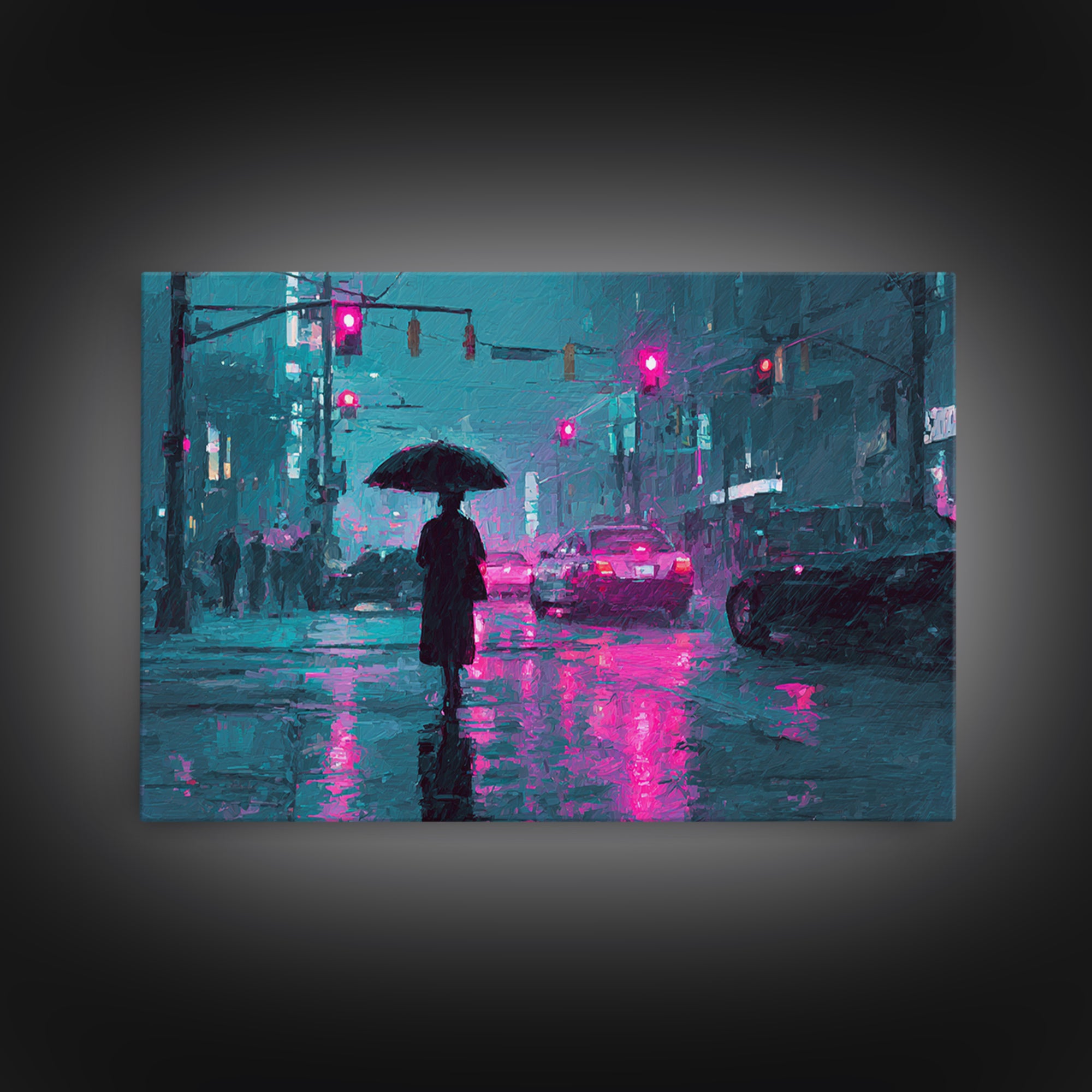 Glowing Umbrella Figure Framed Canvas Print, Cyberpunk Art, Statement Artwork, Living Room Decor, Fine Art, Neon, Art Print, CYB-3x2-19