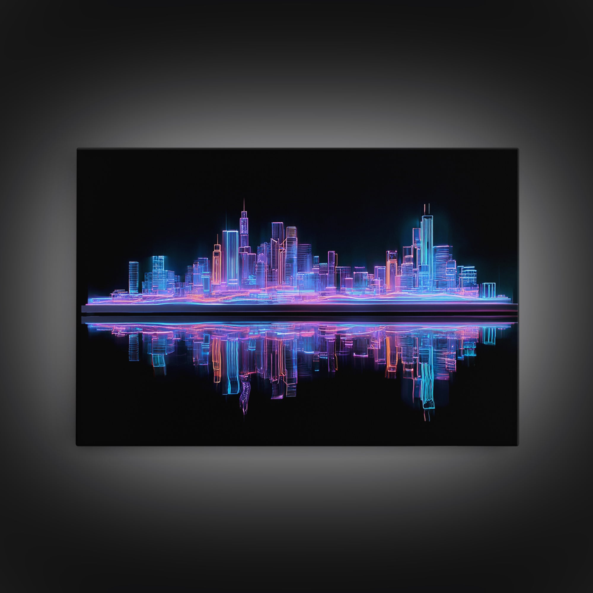 Neon Skyline Reflected Framed Canvas Print, Cyberpunk Art, Gothic Decor, Living Room Decor, Abstract Art, Neon, CYB-3x2-2