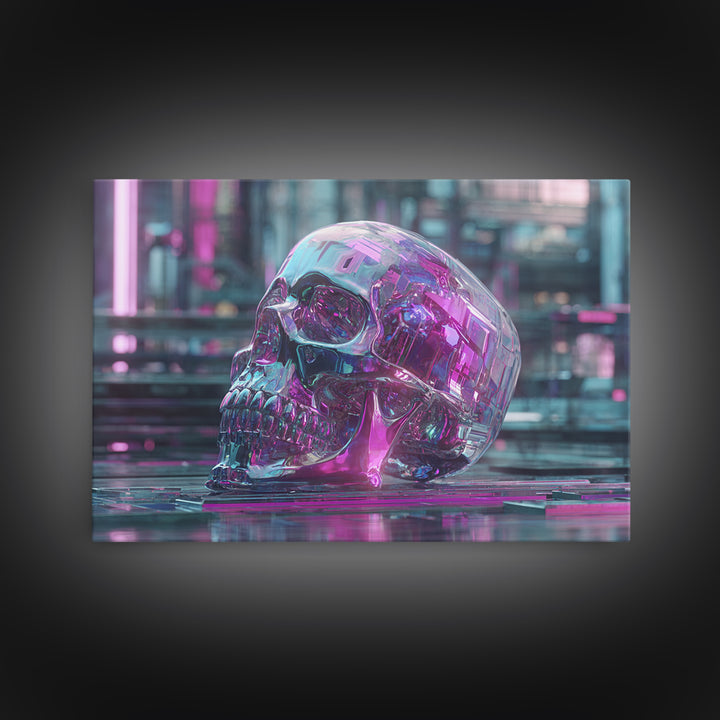 Cyberpunk Skull with Chrome and Violet Light Framed Canvas Print, Cyberpunk Art, Urban Wall Art, Living Room Decor, Neon, CYB-3x2-24