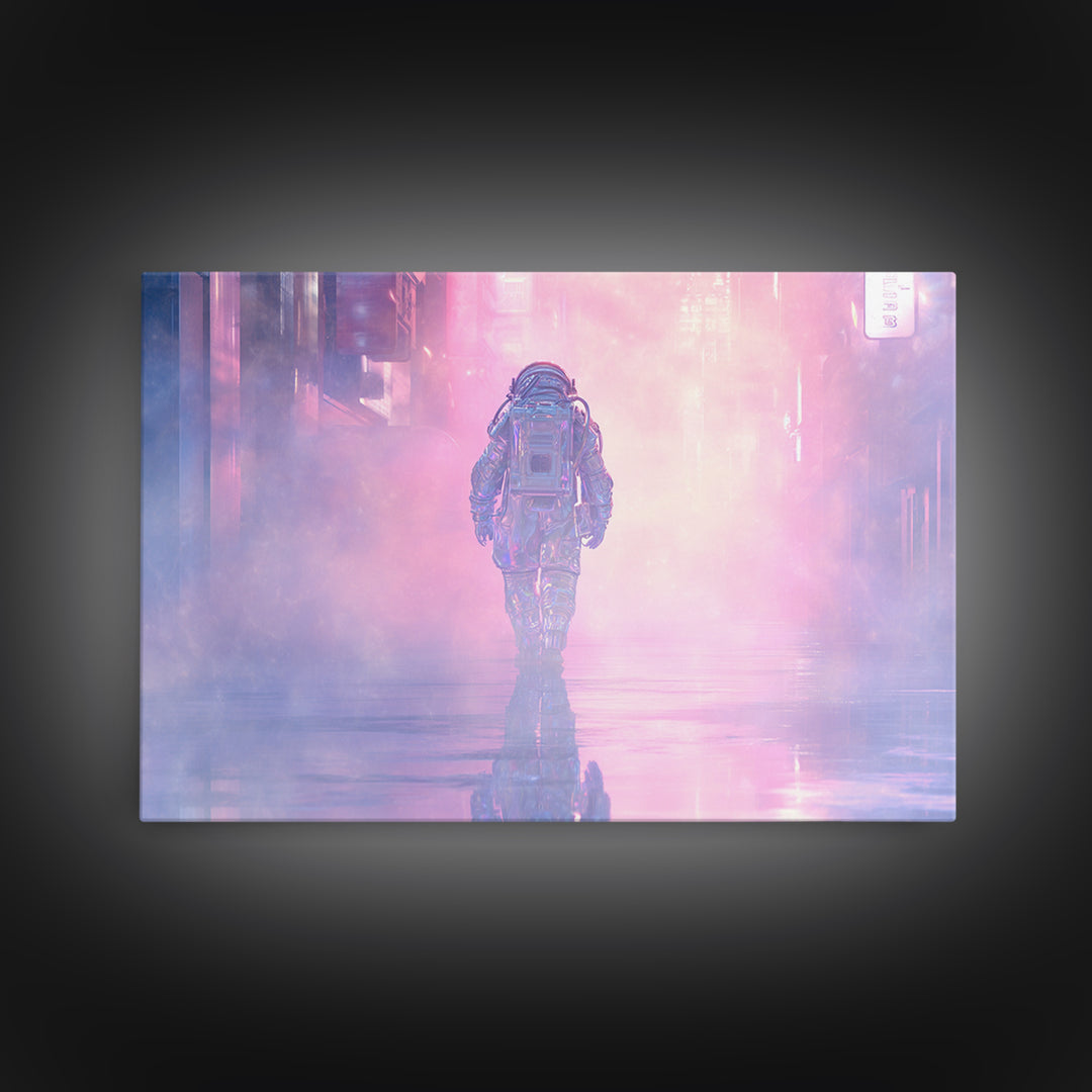 Astronaut Street Wanderer Framed Canvas Print, Cyberpunk Art, Gallery Decor, Living Room Decor, Fine Art, Neon, Wall Art, CYB-3x2-27