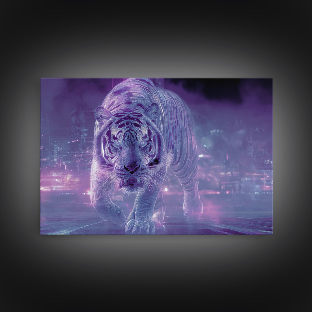 Neon Tiger Emerging from Digital Fog Canvas Print, Cyberpunk Art, Fantasy Art, Living Room Decor, Oil Painting, Neon, CYB-3x2-37