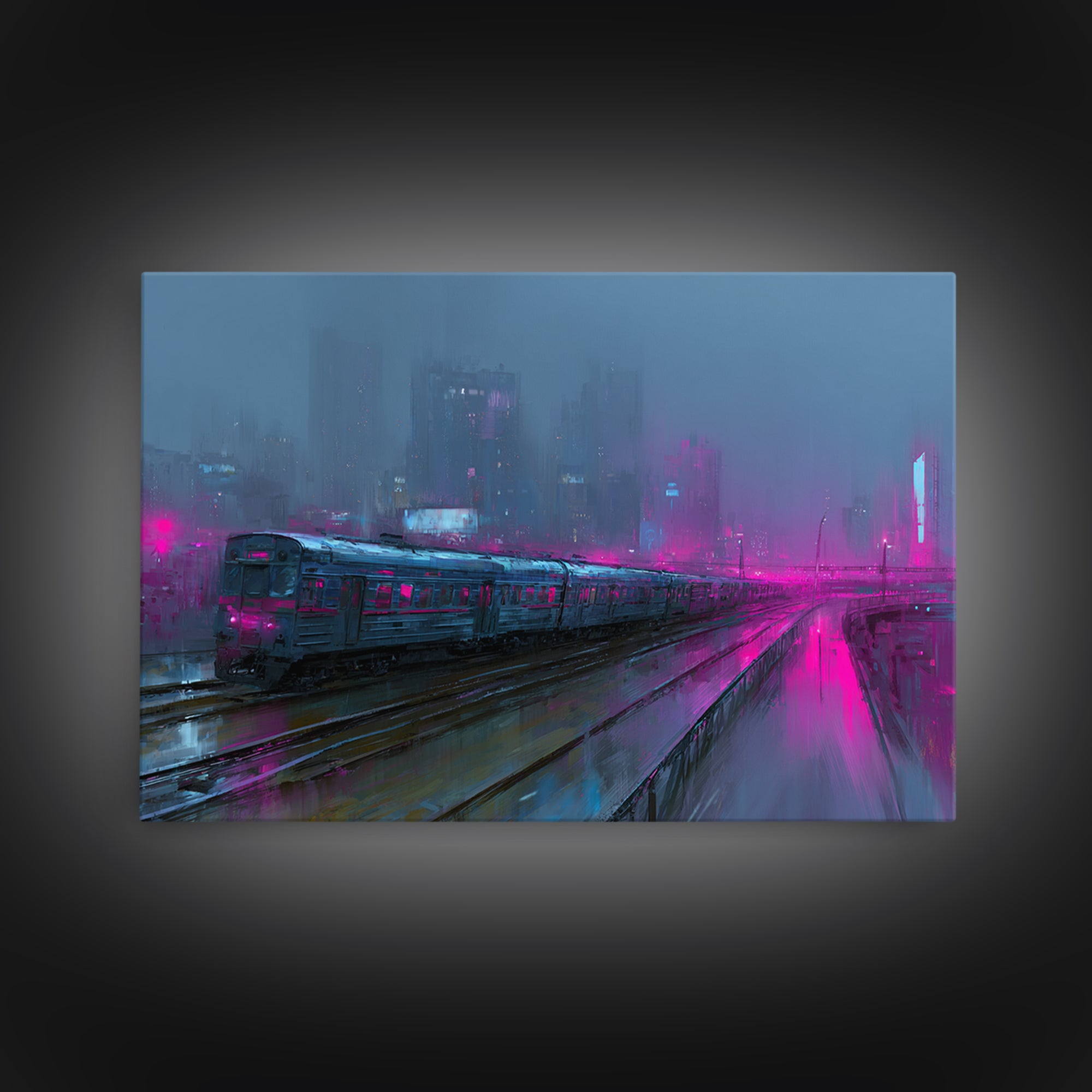 City Train Rushing Through Pink Electric Haze Canvas Print, Cyberpunk Art, Modern Wall Decor, Living Room Decor, Neon, CYB-3x2-41