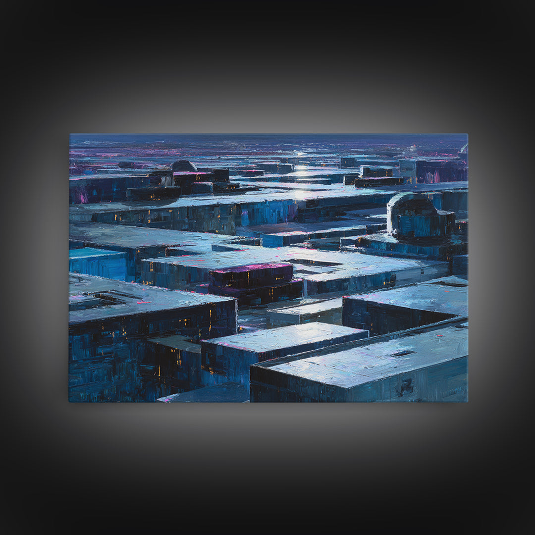 Dystopian Moon over Dense Rooftops Framed Canvas Print, Cyberpunk Art, Cyberpunk Decor, Living Room Decor, Fine Art, Neon, CYB-3x2-46