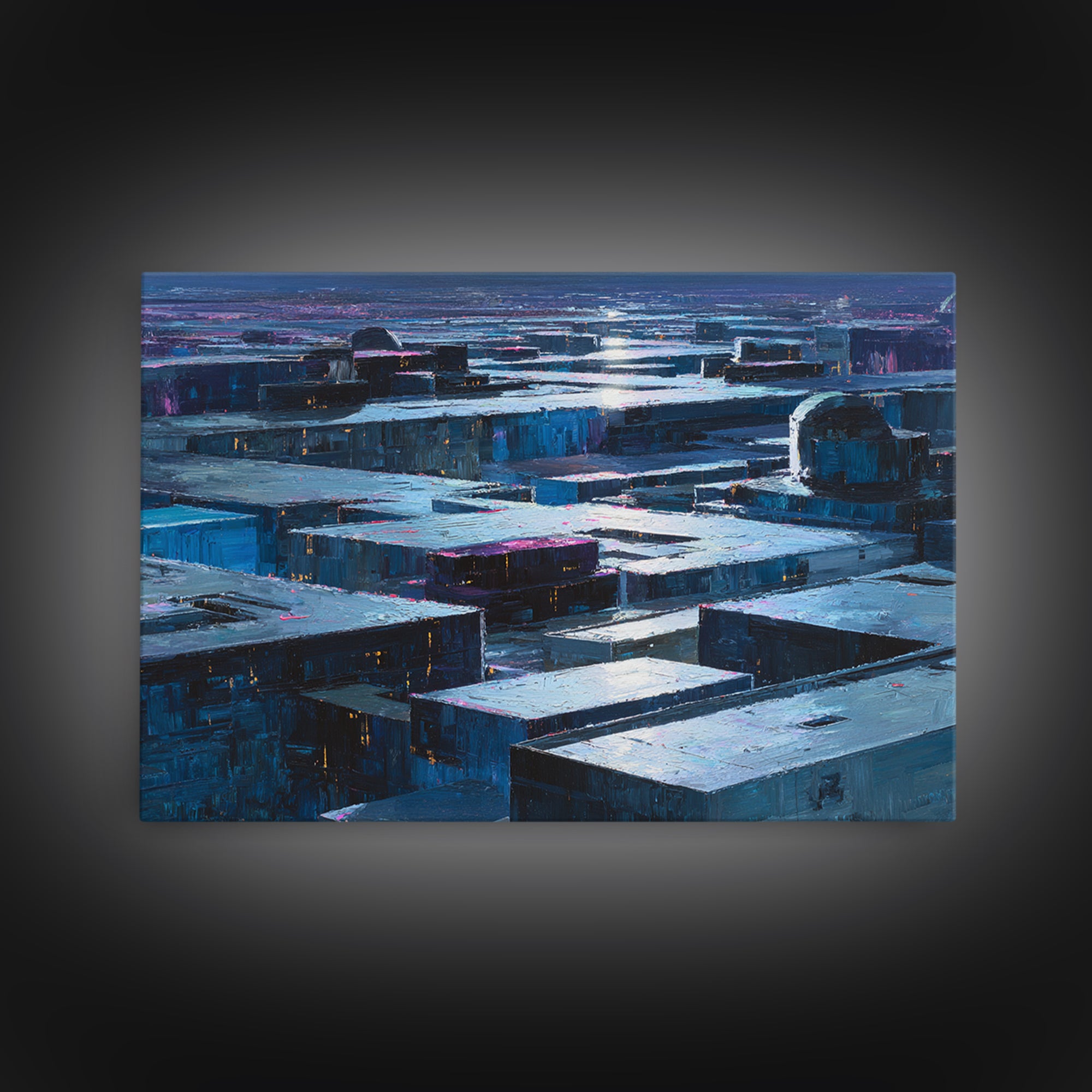 Dystopian Moon over Dense Rooftops Framed Canvas Print, Cyberpunk Art, Cyberpunk Decor, Living Room Decor, Fine Art, Neon, CYB-3x2-46