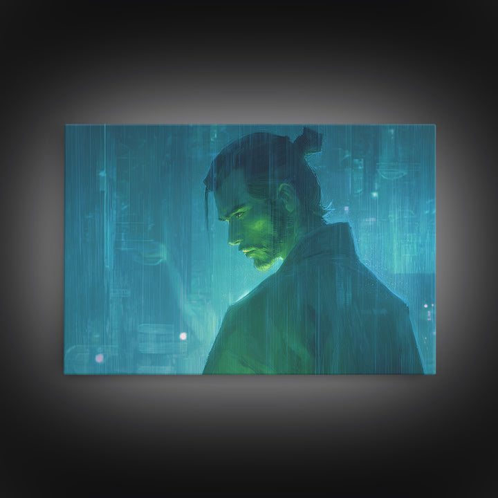 Neon Samurai Portrait Framed Canvas Print, Cyberpunk Art, Minimalist Poster, Living Room Decor, Fine Art, Neon, CYB-3x2-5