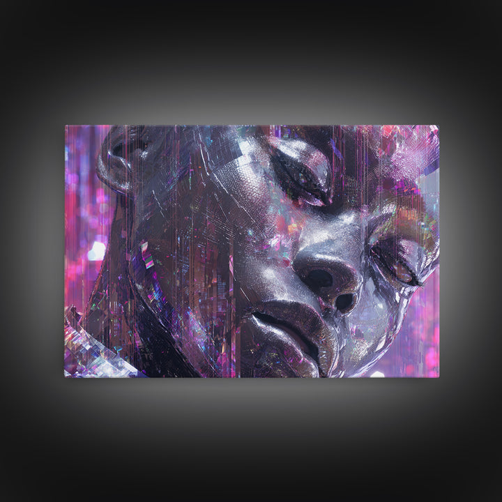 Ai Mask Portrait Canvas Print, Cyberpunk Art, Cyberpunk Helmet, Living Room Decor, Fine Art, Neon, Textured Painting, CYB-3x2-52