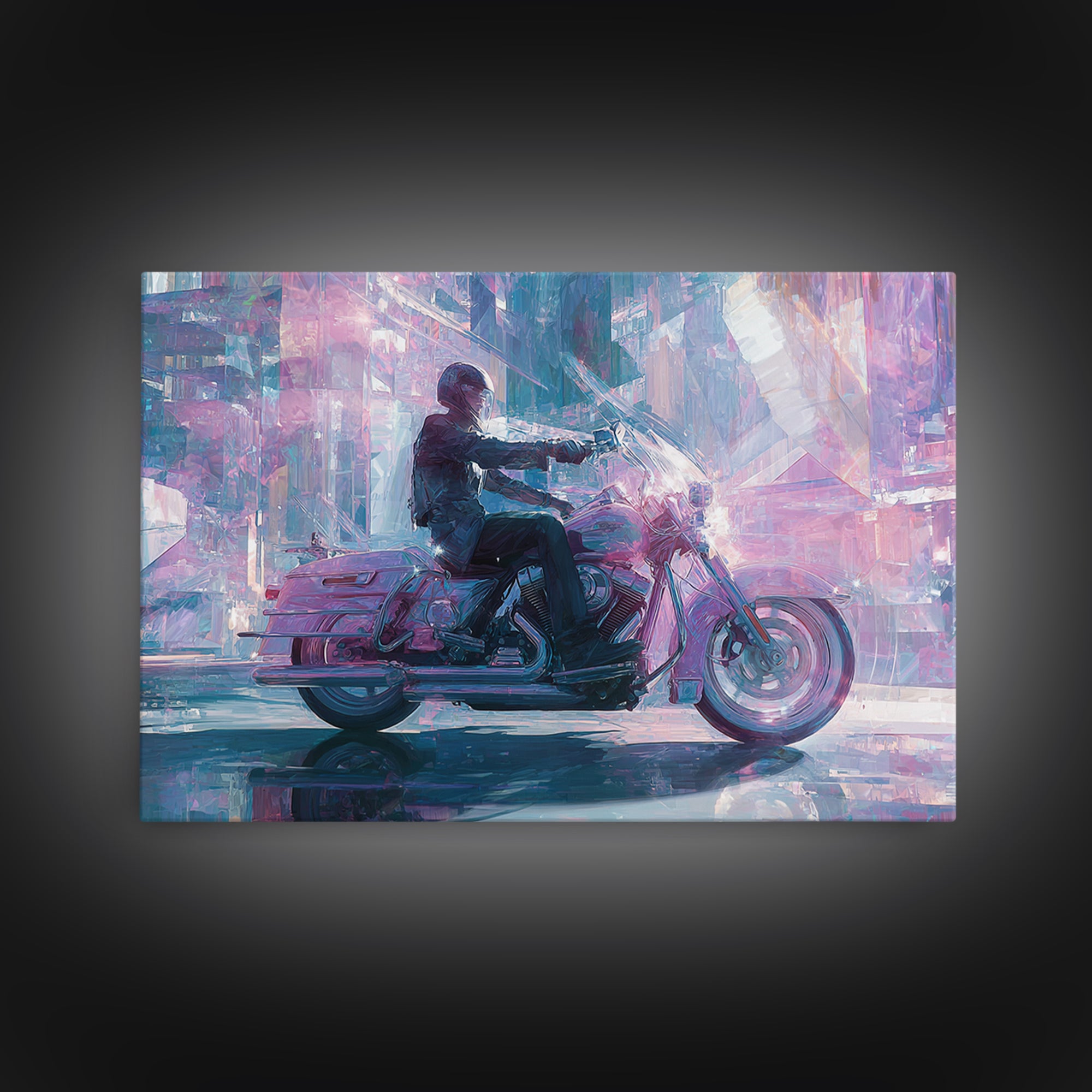 Motorcycle Rider under Holographic Signs Canvas Print, Cyberpunk Art, Room Decor, Living Room Decor, Neon 556, Cyberpunk, CYB-3x2-56