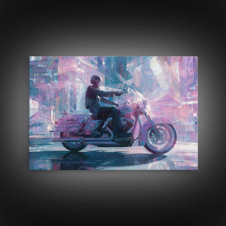 Motorcycle Rider under Holographic Signs Canvas Print, Cyberpunk Art, Room Decor, Living Room Decor, Neon 556, Cyberpunk, CYB-3x2-56