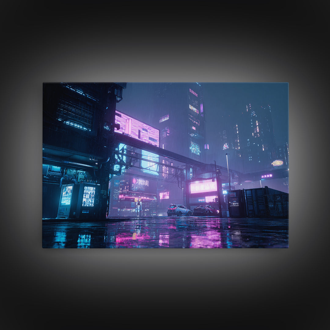 Retro Arcade Dystopia Canvas Print, Cyberpunk Art, Cool Wall Art, Living Room Decor, Neon, Gallery Decor, Neutral Decor, CYB-3x2-62