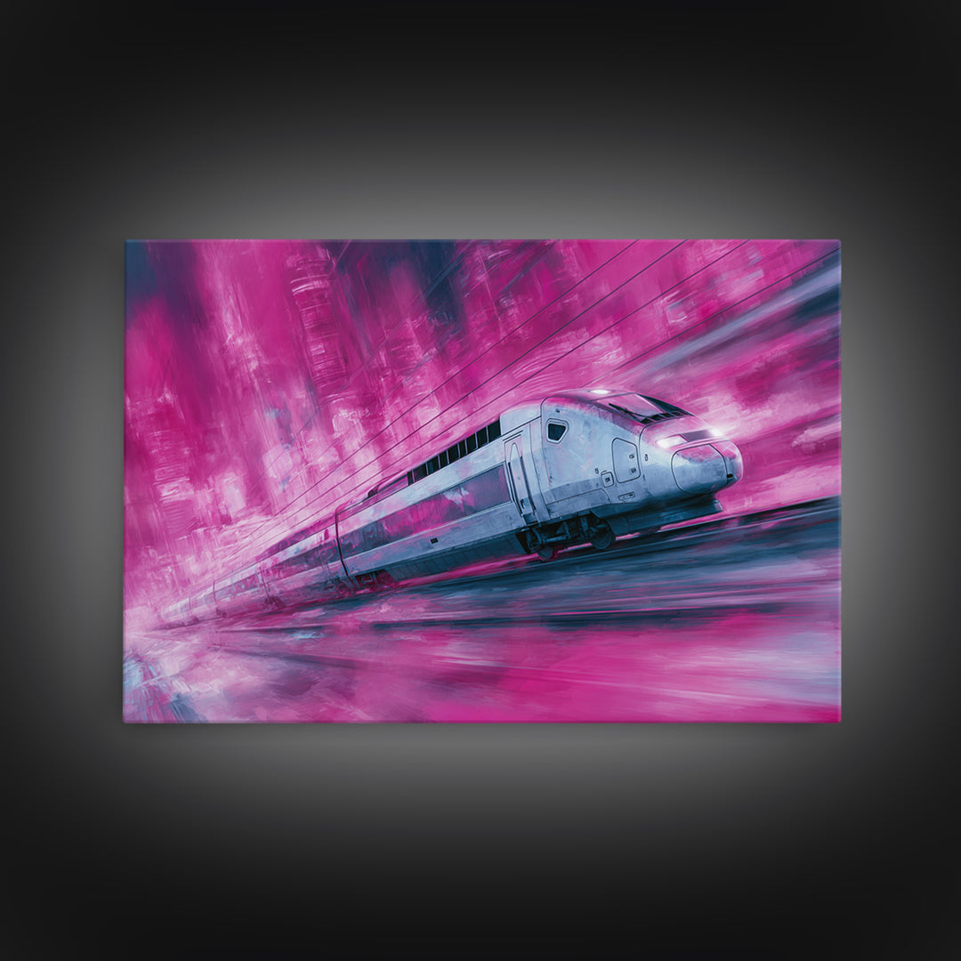 City Train Rushing Through Pink Electric Haze Canvas Print, Cyberpunk Art, Modern Wall Decor, Living Room Decor, Neon, CYB-3x2-65