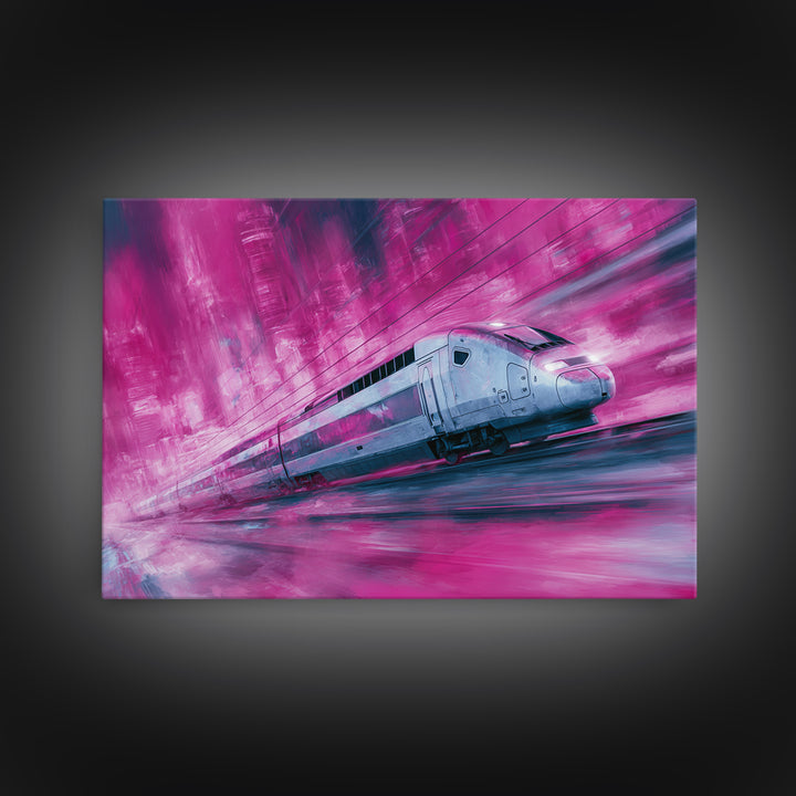 City Train Rushing Through Pink Electric Haze Canvas Print, Cyberpunk Art, Modern Wall Decor, Living Room Decor, Neon, CYB-3x2-65
