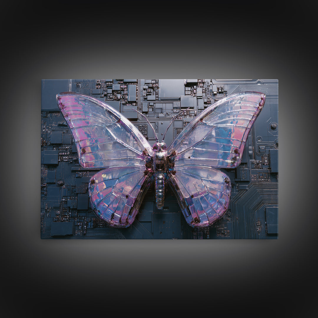 Holographic Butterfly over Black Metal Surface Framed Canvas Print, Cyberpunk Art, Modern Wall Decor, Living Room Decor, Neon, CYB-3x2-71