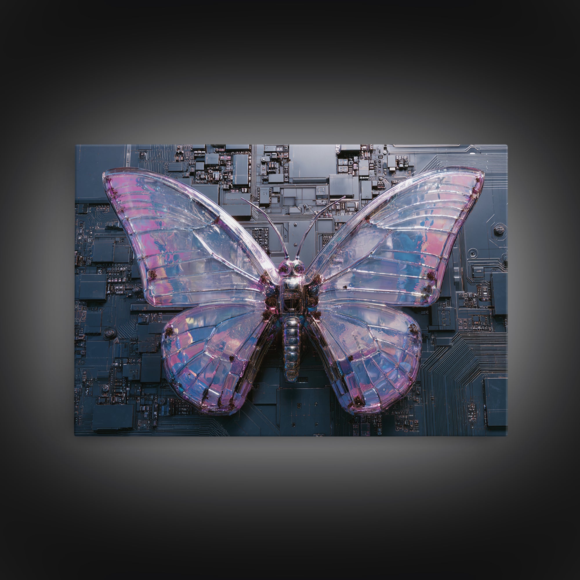 Holographic Butterfly over Black Metal Surface Framed Canvas Print, Cyberpunk Art, Modern Wall Decor, Living Room Decor, Neon, CYB-3x2-71