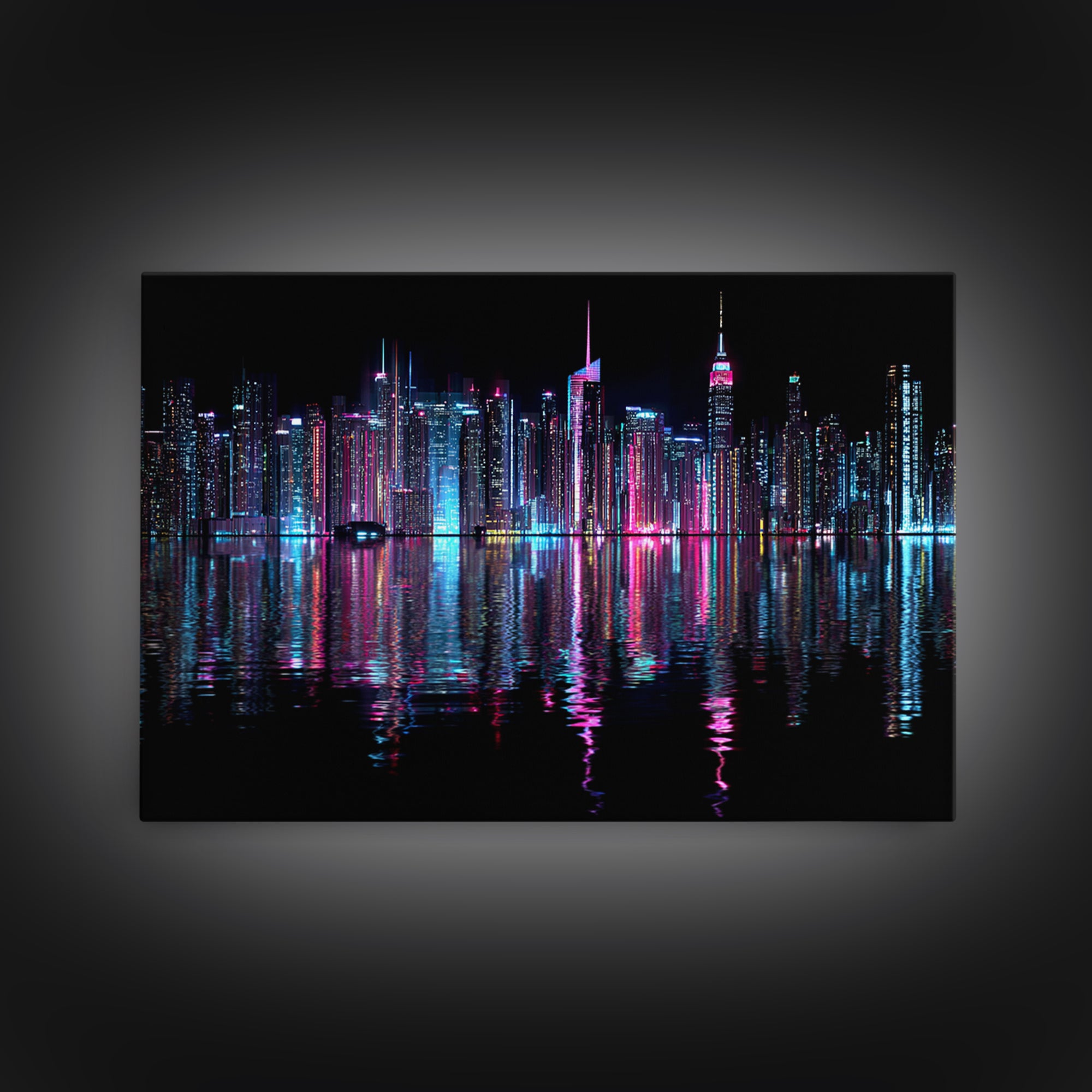 Neon Skyline Reflected Framed Canvas Print, Cyberpunk Art, Man Cave Decor, Living Room Decor, Fine Art, Neon, Fine Art Print, CYB-3x2-74