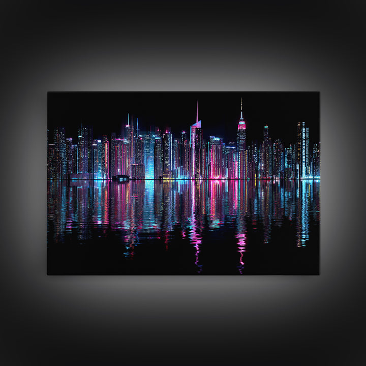 Neon Skyline Reflected Framed Canvas Print, Cyberpunk Art, Man Cave Decor, Living Room Decor, Fine Art, Neon, Fine Art Print, CYB-3x2-74