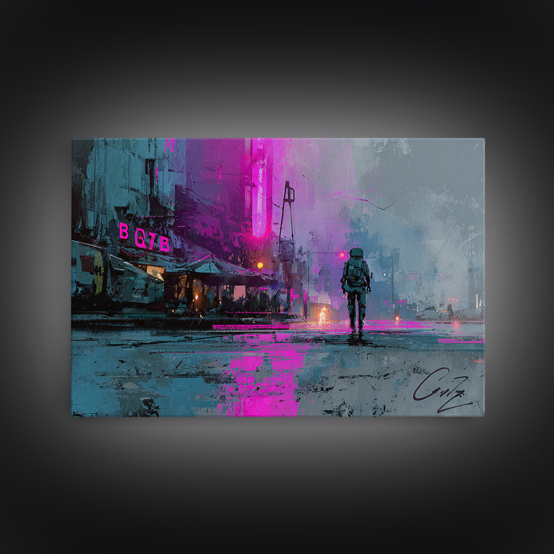 Astronaut Street Wanderer Canvas Print, Cyberpunk Art, Art Print, Living Room Decor, Neon, Blue Wall Art, Cool Wall Art, CYB-3x2-75