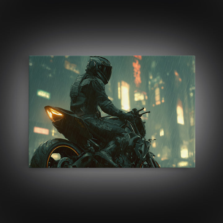 Motorcycle Rider under Holographic Signs Framed Canvas Print, Cyberpunk Art, Home Decor, Living Room Decor, Fine Art, Neon, CYB-3x2-80