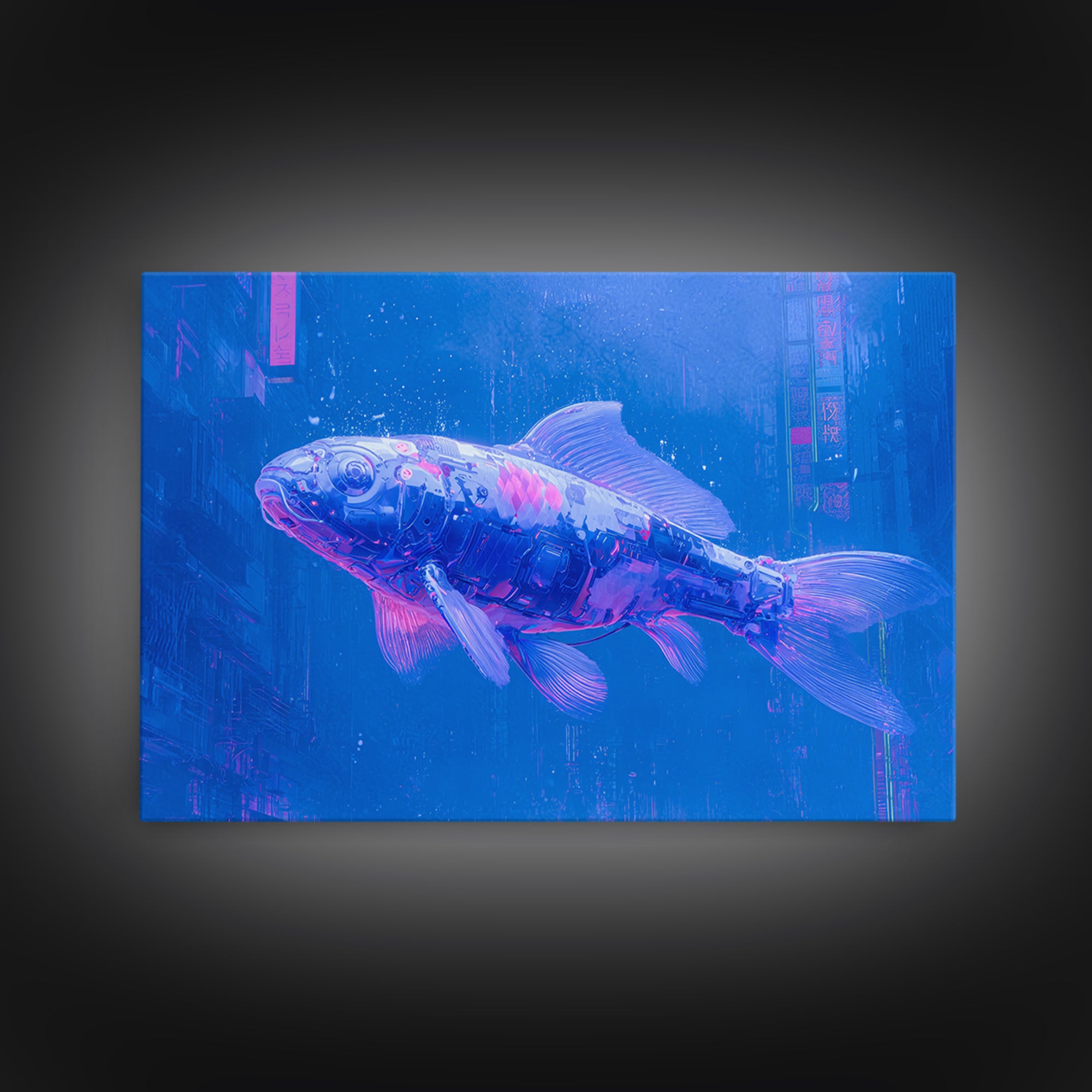 Cyberpunk Koi Swimming Through Electric Blue Water Framed Canvas Print, Cyberpunk Art, Fine Art Print, Living Room Decor, Neon, CYB-3x2-81