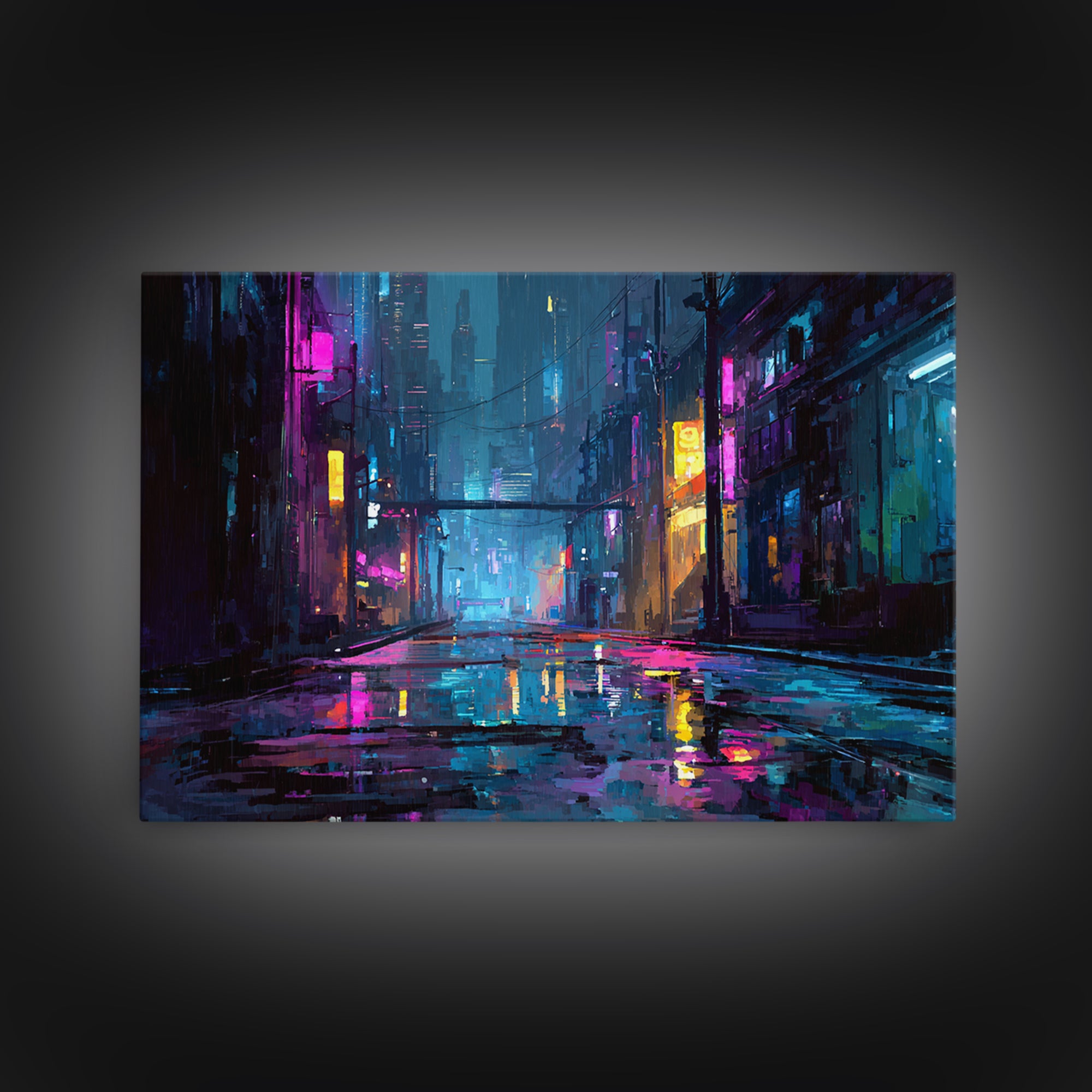 Rain Soaked Alley Canvas Print, Cyberpunk Art, Poster, Living Room Decor, Fine Art, Neon, Modern Wall Art, Japanese Art, CYB-3x2-84