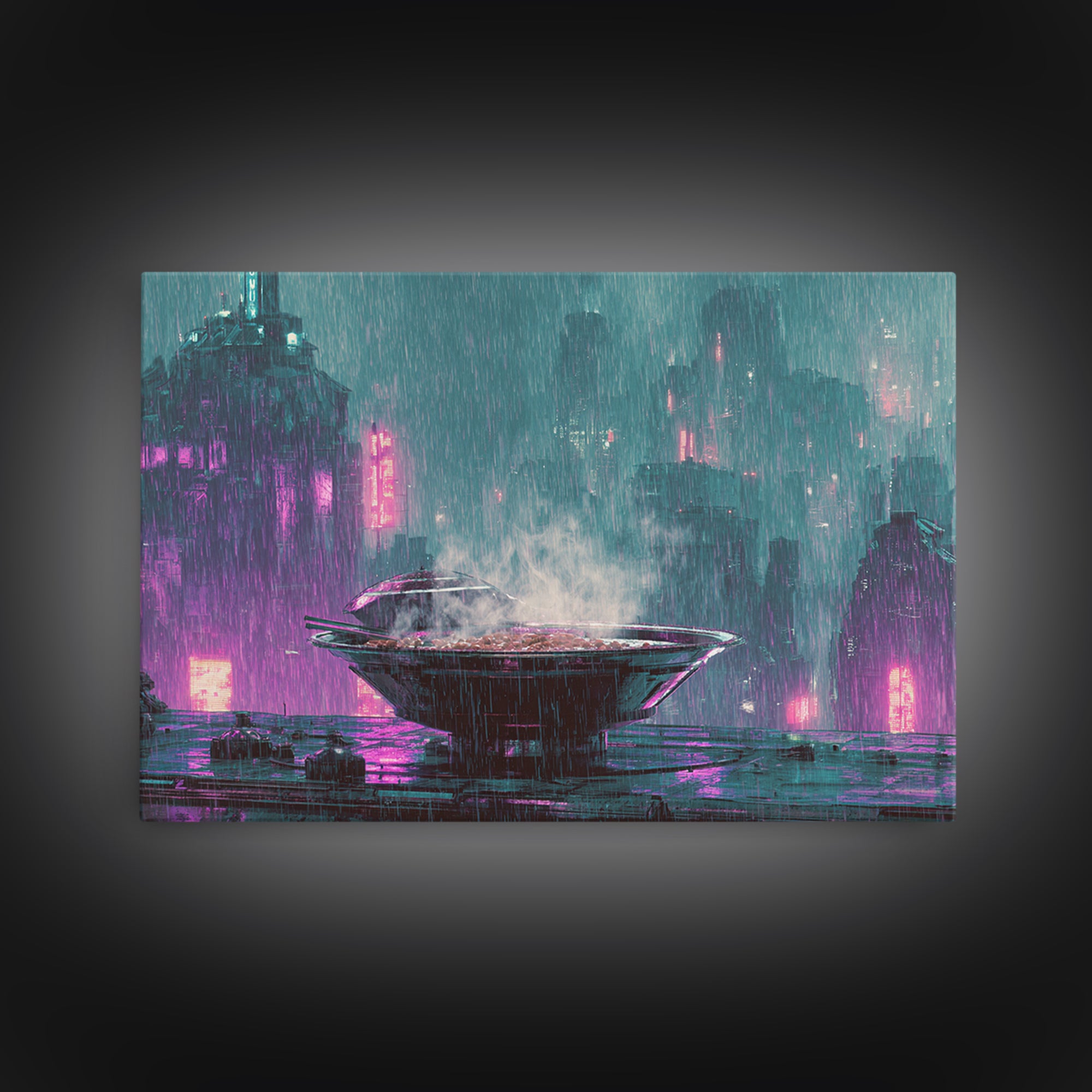 Futuristic Ramen Bowl Canvas Print, Cyberpunk Art, Wall Decor, Living Room Decor, Fine Art, Neon, Japanese Art, Modern Art, CYB-3x2-88