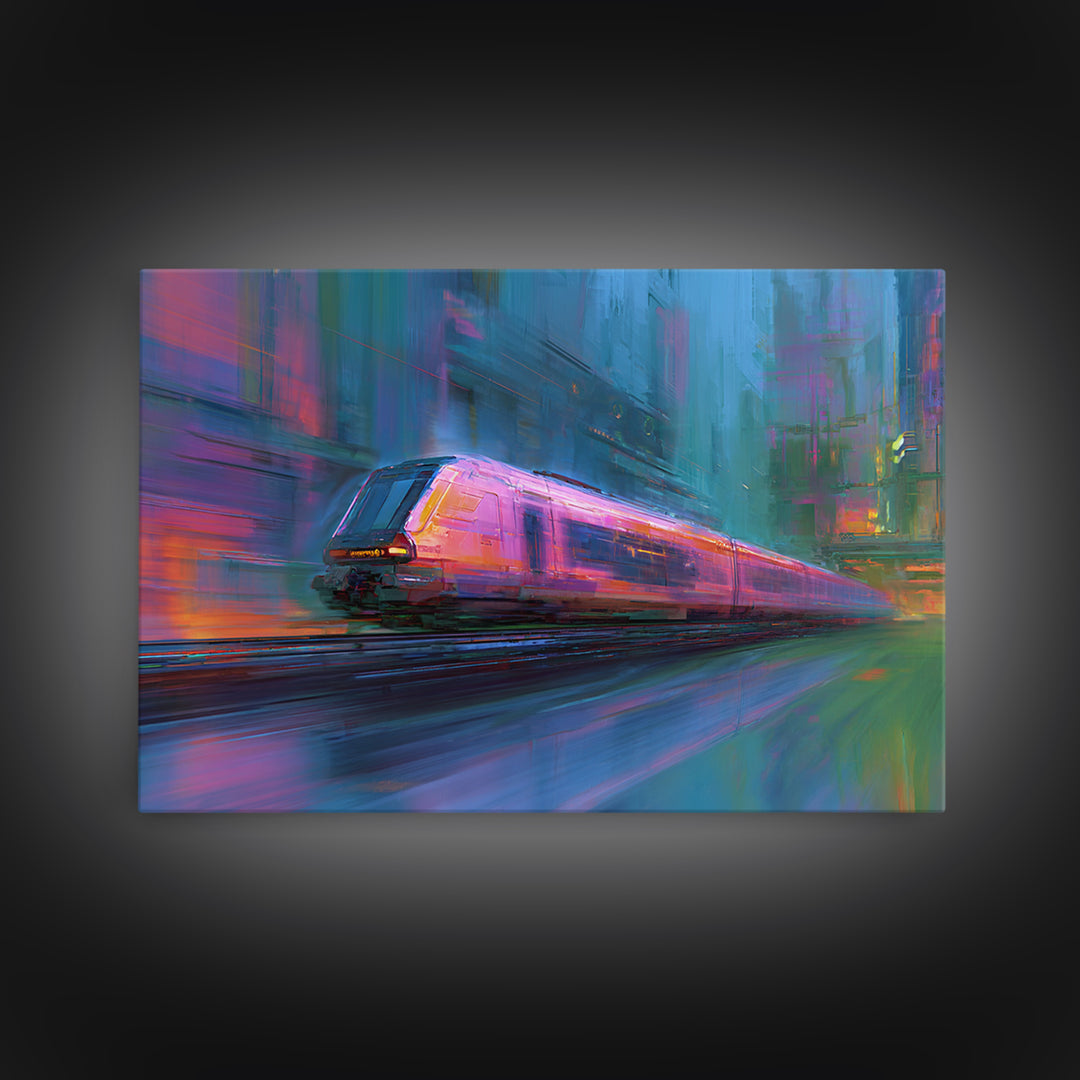 City Train Rushing Through Pink Electric Haze Canvas Print, Cyberpunk Art, Boho Decor, Living Room Decor, Oil Painting, Neon, CYB-3x2-89