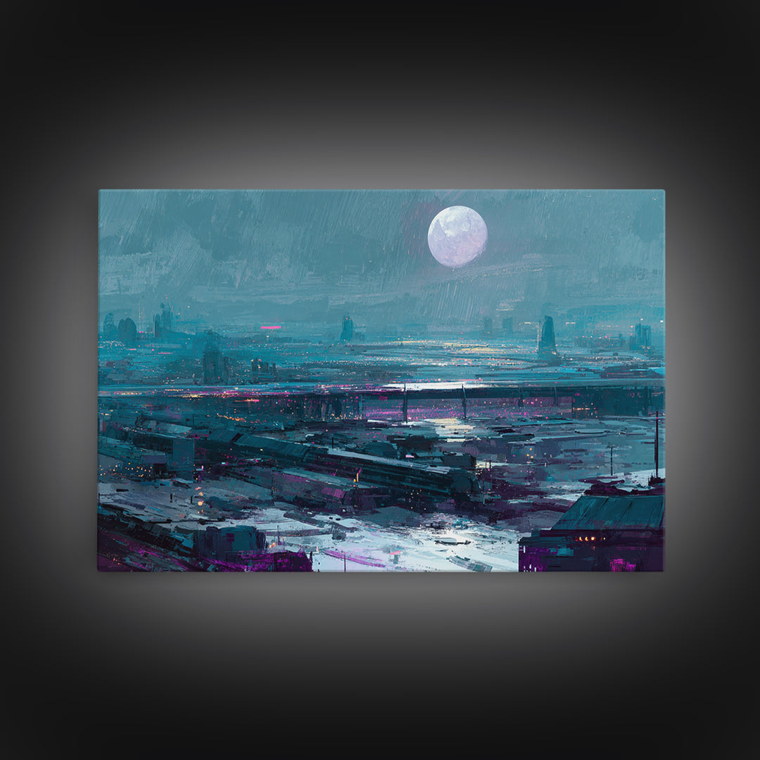Dystopian Moon over Dense Rooftops Canvas Print, Cyberpunk Art, Cyberpunk Helmet, Living Room Decor, Abstract Art, Neon, CYB-3x2-94
