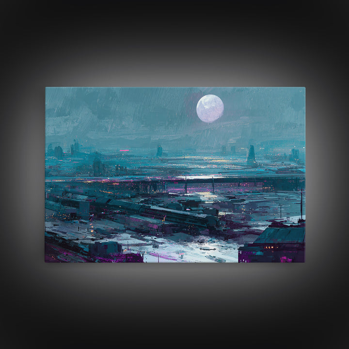 Dystopian Moon over Dense Rooftops Canvas Print, Cyberpunk Art, Cyberpunk Helmet, Living Room Decor, Abstract Art, Neon, CYB-3x2-94