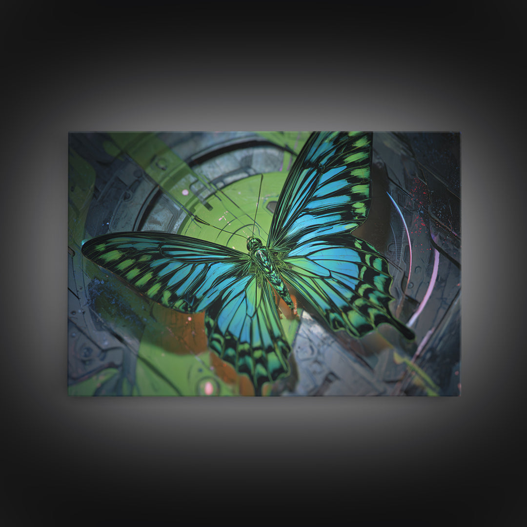Holographic Butterfly over Black Metal Surface Framed Canvas Print, Cyberpunk Art, Gothic Decor, Living Room Decor, CYB-3x2-95