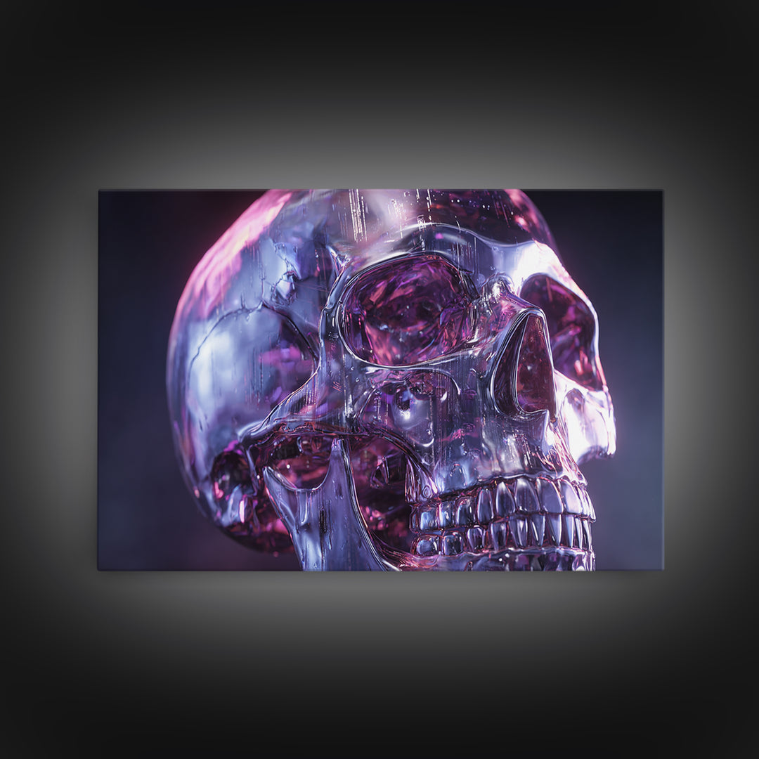 Cyberpunk Skull with Chrome and Violet Light Framed Canvas Print, Cyberpunk Art, Art Print, Living Room Decor, Fine Art, Neon, CYB-3x2-96