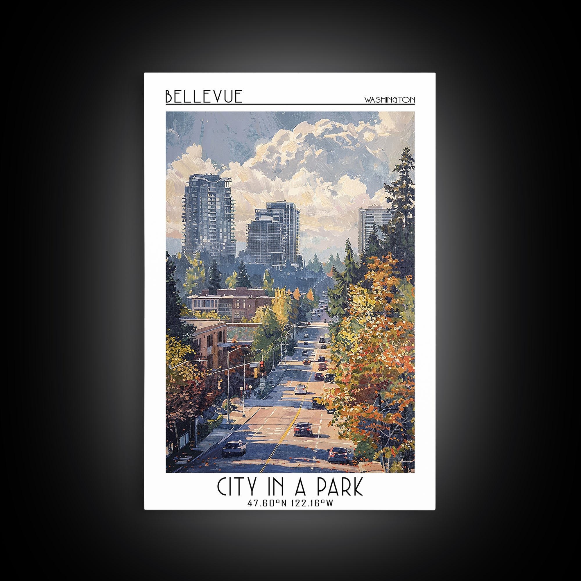 Bellevue Travel Poster, Framed Canvas Print, City Art Print, Travel Wall Art, Vintage Travel, Travel Art Print, Mid Century Wall Art