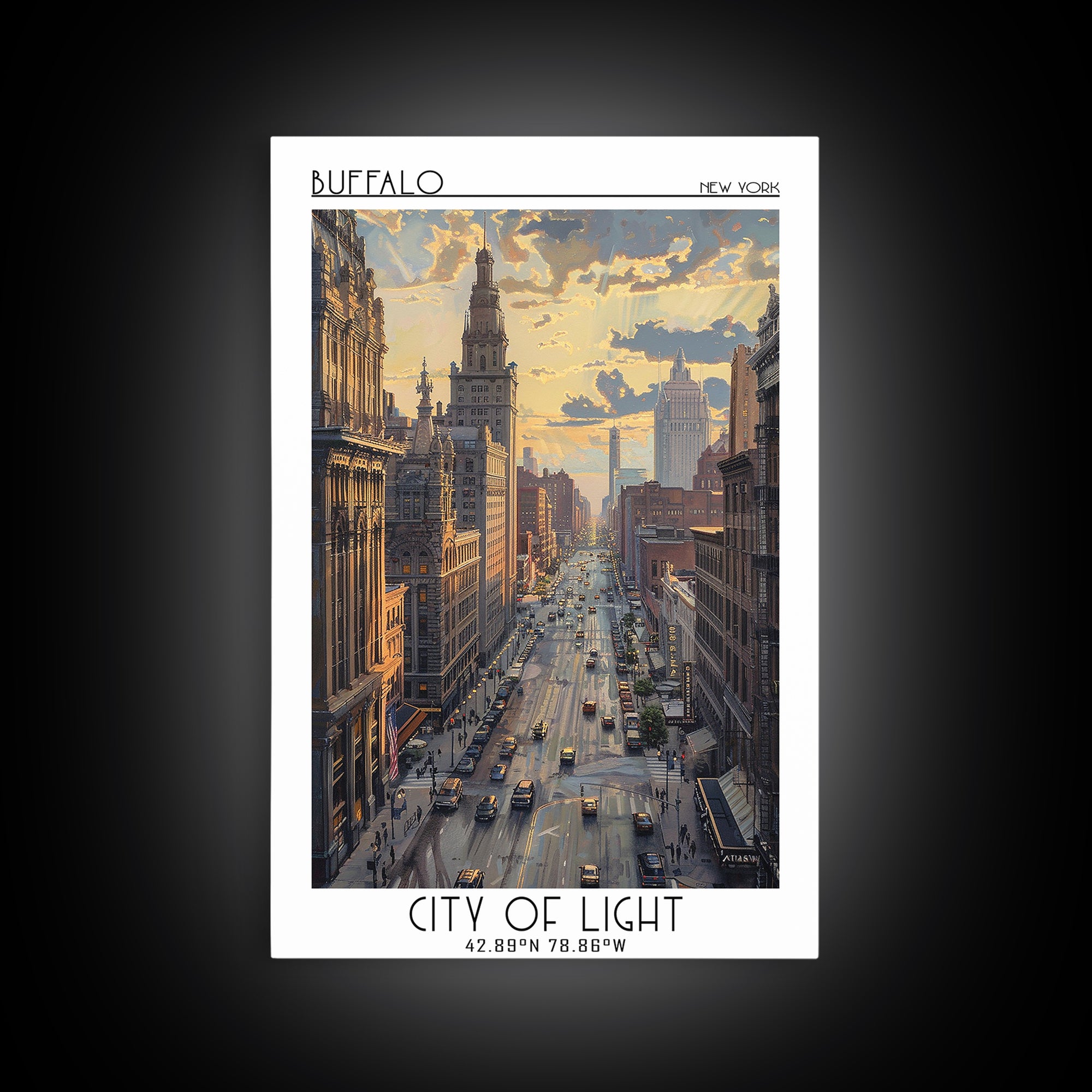 Buffalo Travel Poster, Framed Canvas Print, Travel Wall Decor, Minimalist Poster, Wanderlust Gift, Retro Travel Poster, Travel Print
