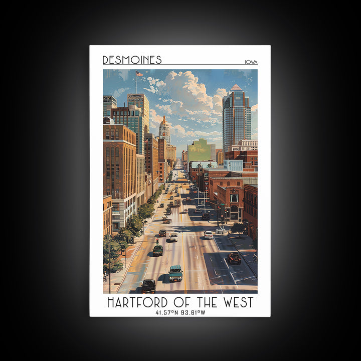 Des Moines Travel Poster, Framed Canvas Print, Travel Wall Decor, Minimalist Poster, Landscape Art, City Illustration, Travel Prints
