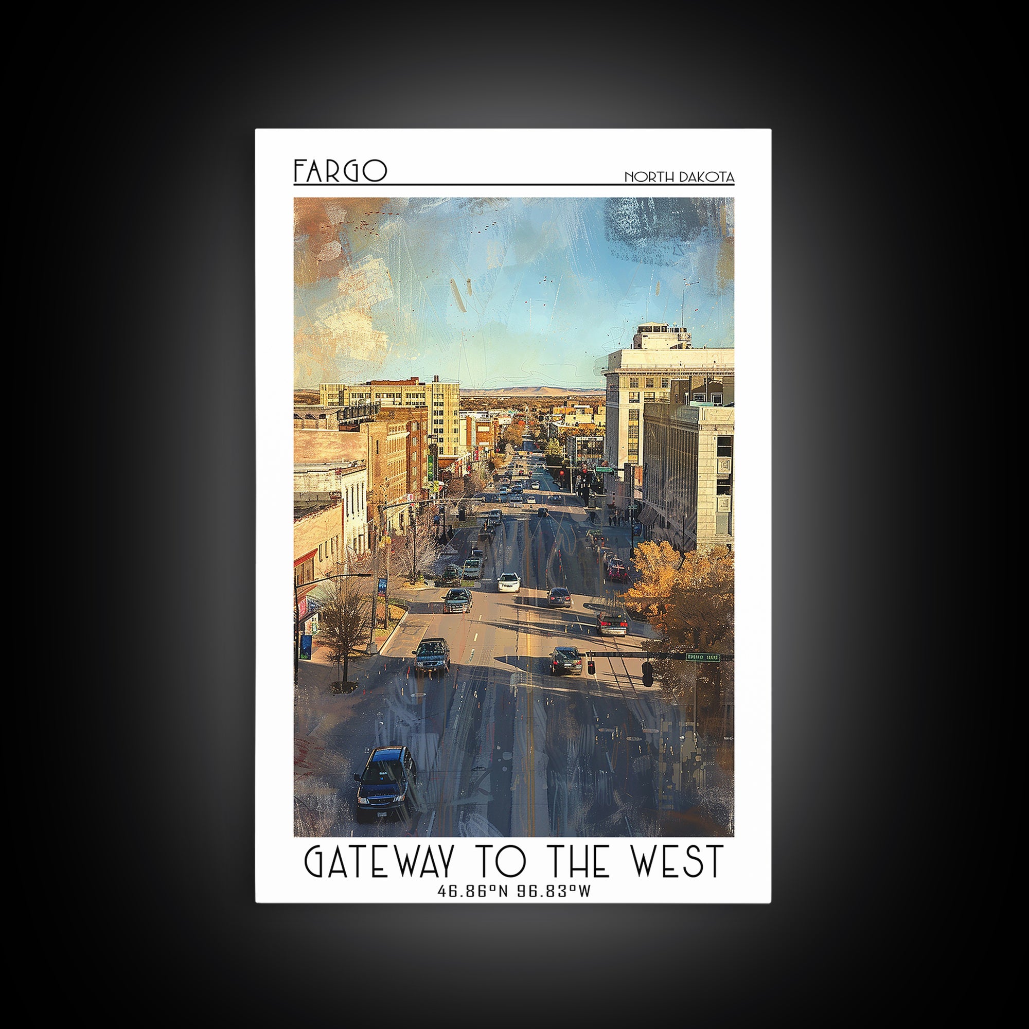 Fargo Travel Poster, Framed Canvas Print, Retro Travel Poster, City Wall Art, Travel Print, City Travel Poster, Watercolor Cityscape