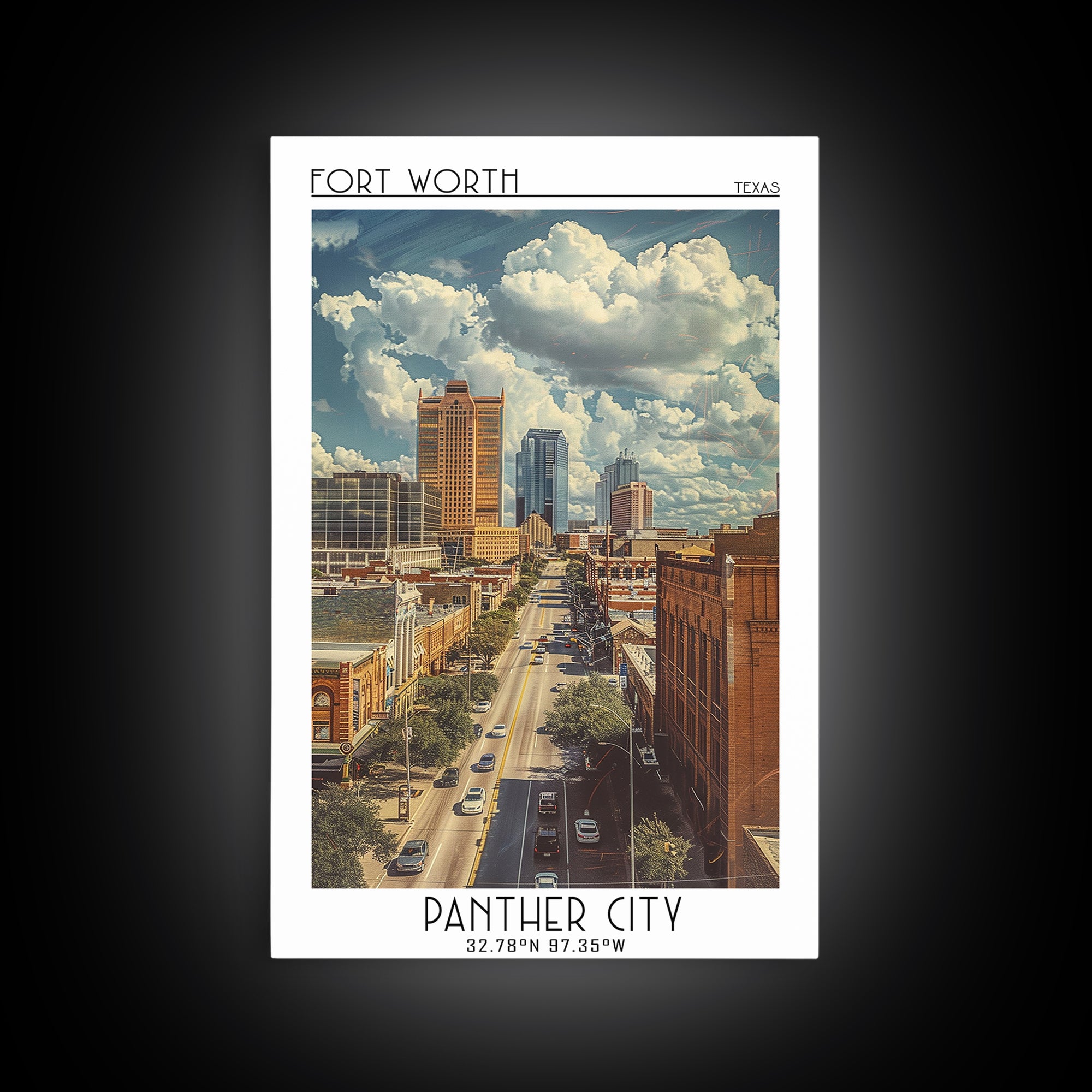 Fort Worth Travel Poster, Framed Canvas Print, Travel Wall Art, City Wall Art, Colorful Wall Art, City Illustration, Wanderlust Gift