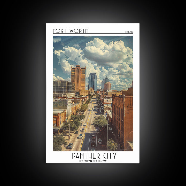 Fort Worth Travel Poster, Framed Canvas Print, Travel Wall Art, City Wall Art, Colorful Wall Art, City Illustration, Wanderlust Gift