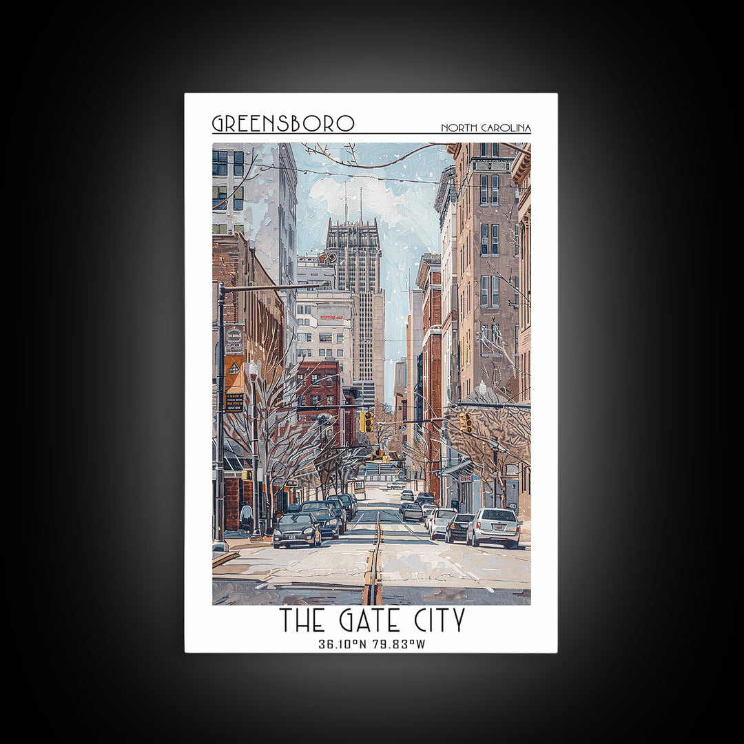 Greensboro Travel Poster, Framed Canvas Print, Retro Wall Art, Travel Print, Vintage Travel, Vintage Travel Print, City Illustration