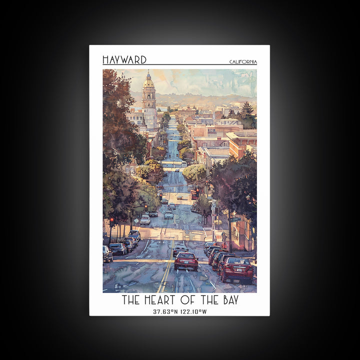 Hayward Travel Poster, Framed Canvas Print, City Travel Poster, Travel Wall Art, Retro Wall Art, Watercolor Cityscape, City Wall Art