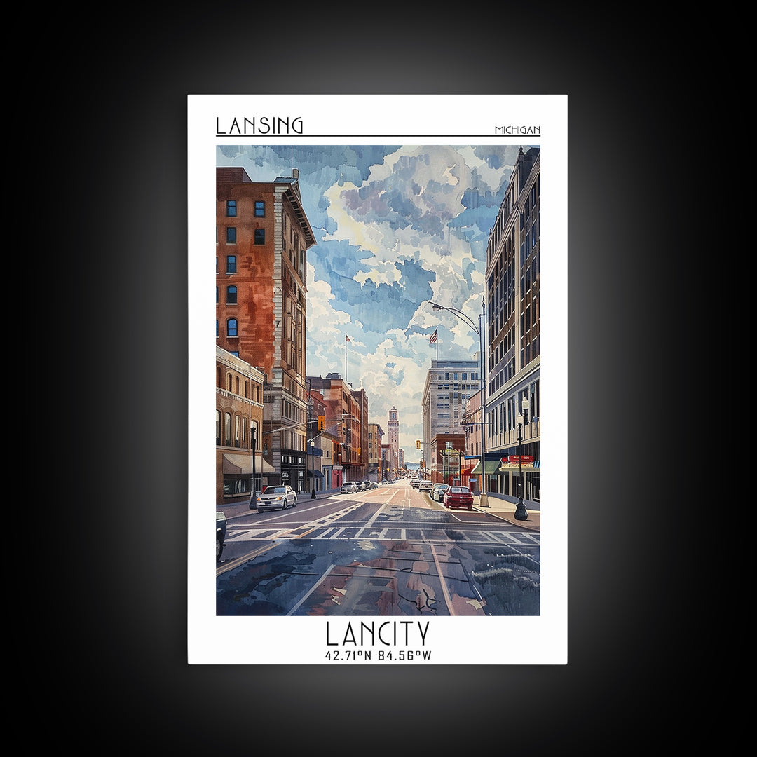 Lansing Travel Poster, Framed Canvas Print, Vintage Travel Print, City Wall Art, City Art Print, Retro Travel Print, Vintage Posters