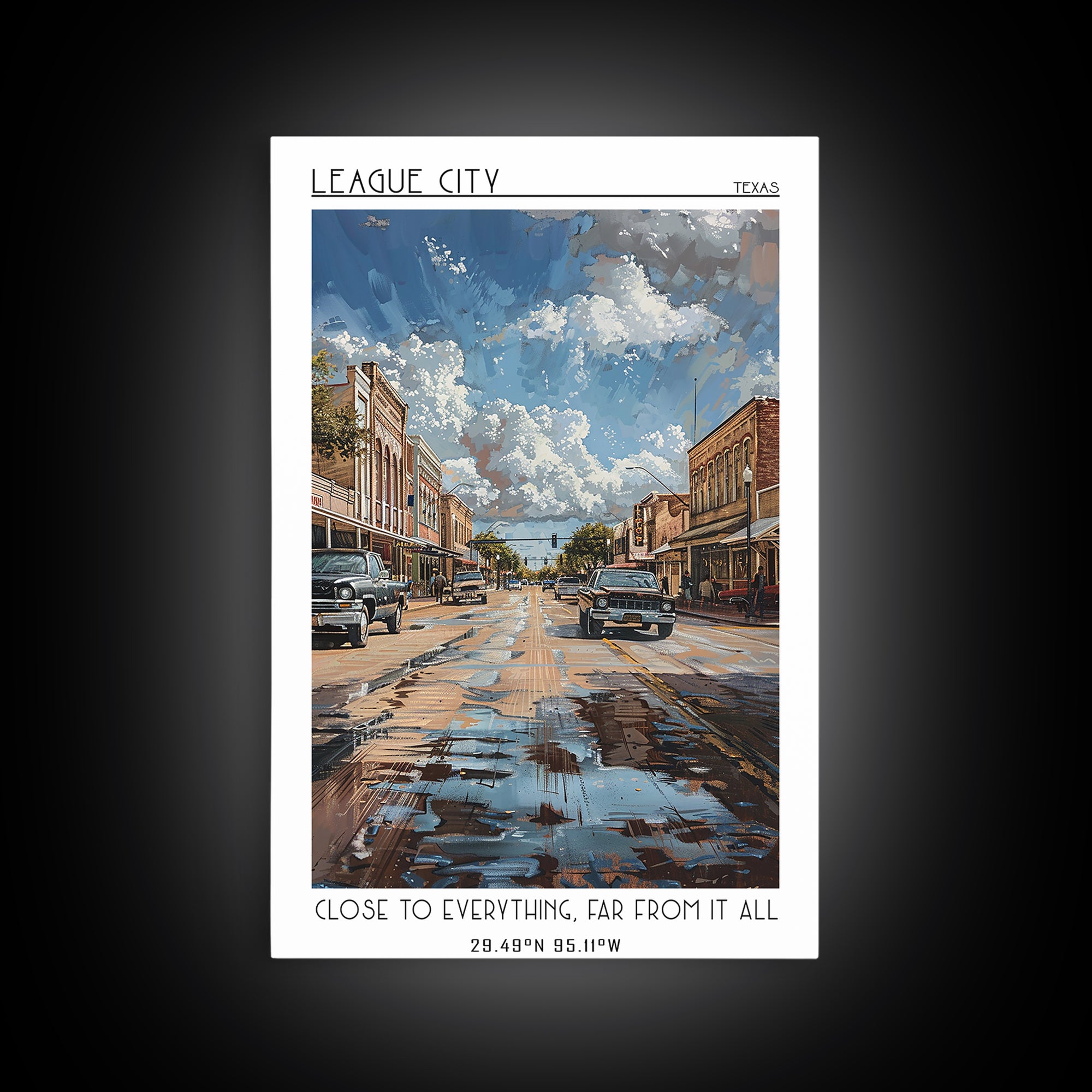 League City Travel Poster, Framed Canvas Print, Travel Art Print, Modern Wall Decor, Home Decor, Mid Century Wall Art, Landscape Art