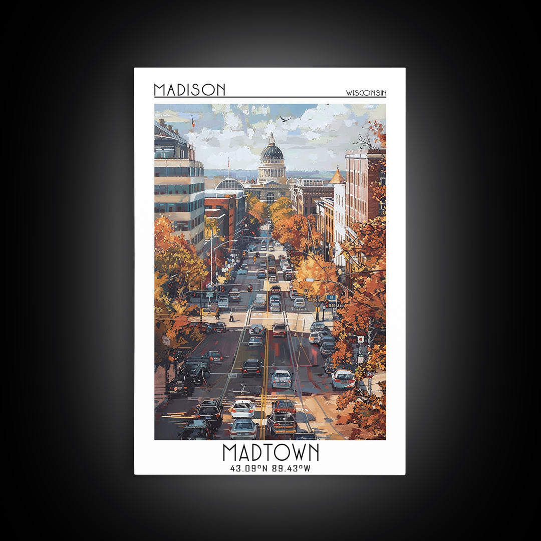 Madison Travel Poster, Framed Canvas Print, Travel Wall Art, City Wall Art, Retro Travel Print, City Art Print, Living Room Wall Art