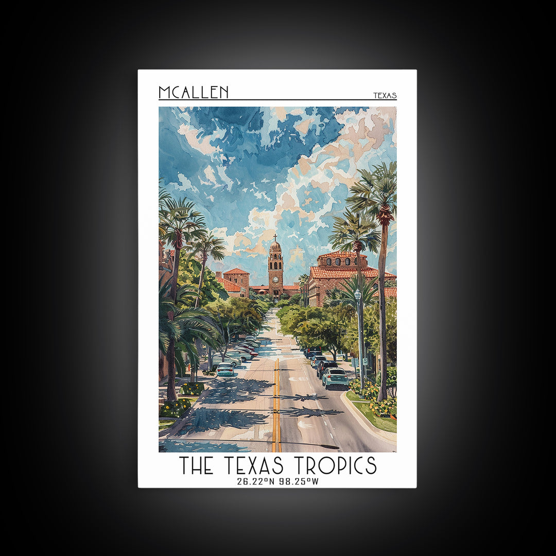 McAllen Travel Poster, Framed Canvas Print, Retro Travel Poster, City Wall Art, Modern Wall Decor, Retro Wall Art, Colorful Wall Art