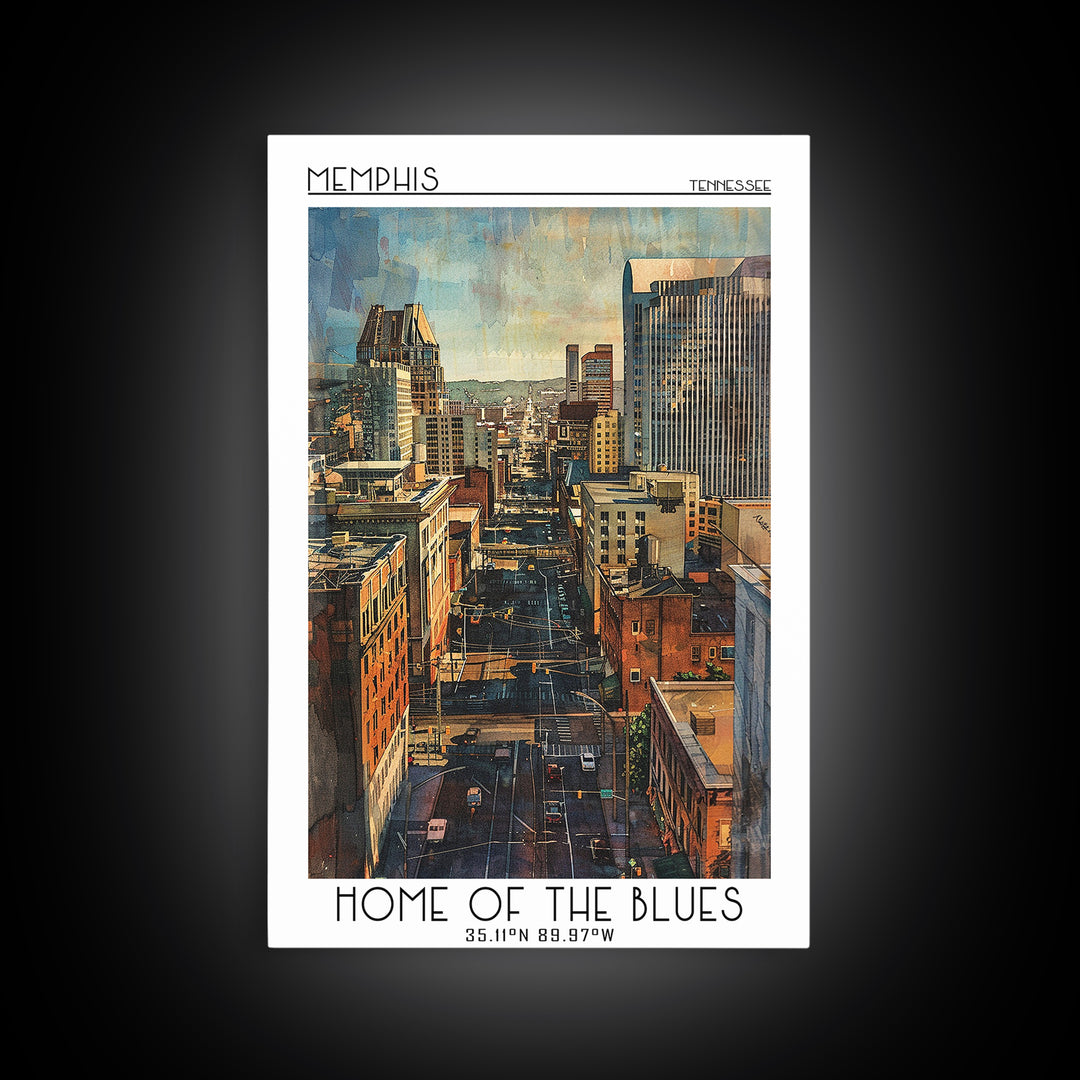 Memphis Travel Poster, Framed Canvas Print, City Art Print, Travel Wall Art, Travel Print, Watercolor Cityscape, Retro Travel Poster
